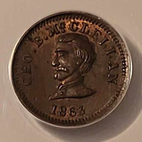 Civil War Patriotic Token 1863 Maclellan - Army/Navy F-141/307a MS62 BN ANACS - Picture 3 of 4